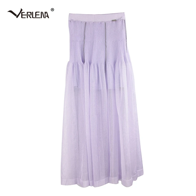 Verlena 2018 Elongate Leg Spring Autumn Long Skirt Women Solid Special Fashion Purple Double Layer Pleated Short Inside Skirts | Женская