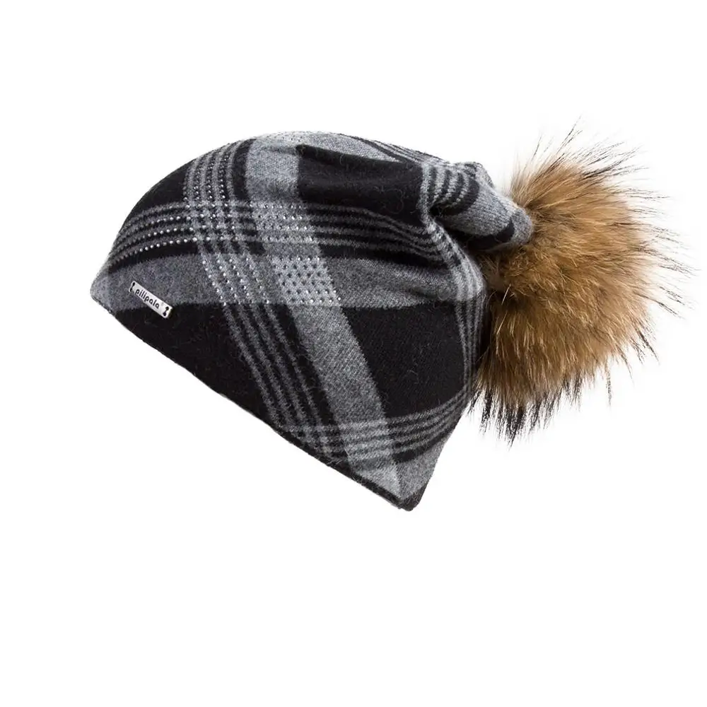 Black(gold pompom) Кашемировая Шапка-бини большого размера с пушистым помпоном из натурального меха для женщин, зимняя теплая клетчатая шапка с помпоном Fur Story 17603D - Цвет: Black(gold pompom)
