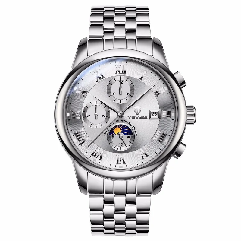 Silver White Steel Мужские автоматические механические часы TEVISE, водонепроницаемые светящиеся автоматические часы с датой, мужские наручные часы для мальчиков, новинка - Цвет: Silver White Steel