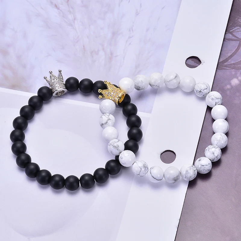 HIYONG 8 мм черный матовый белый Howlite Парные браслеты CZ Корона Король Королева натуральный камень Бусины Браслеты Шарм расстояние браслет