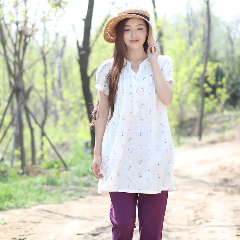 2017 летняя оригинальная вышивка с пышными рукавами коротким рукавом хлопковая