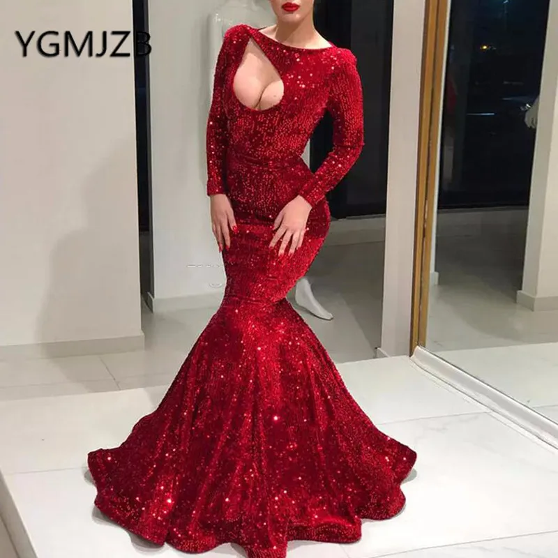 

Gala Jurken Dames 2019 Red Prom Dresses Mermaid Long Sleeves Cut Out Sparkly Sequined Evening Gown Women Formal Prom Party Dress