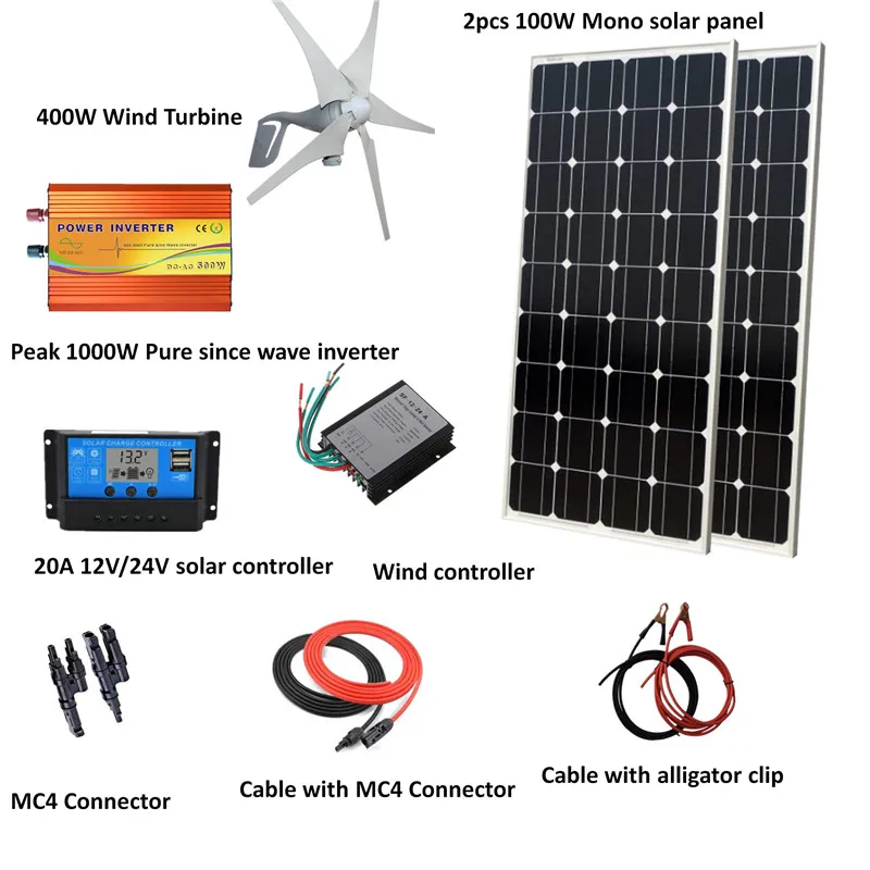 

600W wind solar hybrid system: 200W mono solar panel,400W Wind Turbine Generator,peak 1000w pure since wave inverter, controller
