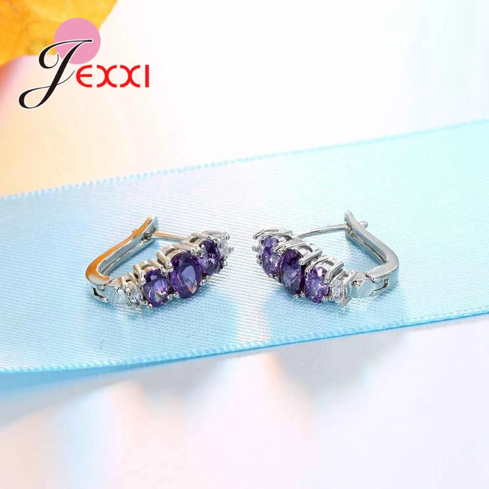 Серьги-кольца из чистого 925 пробы серебра с фиолетовым кубическим цирконием