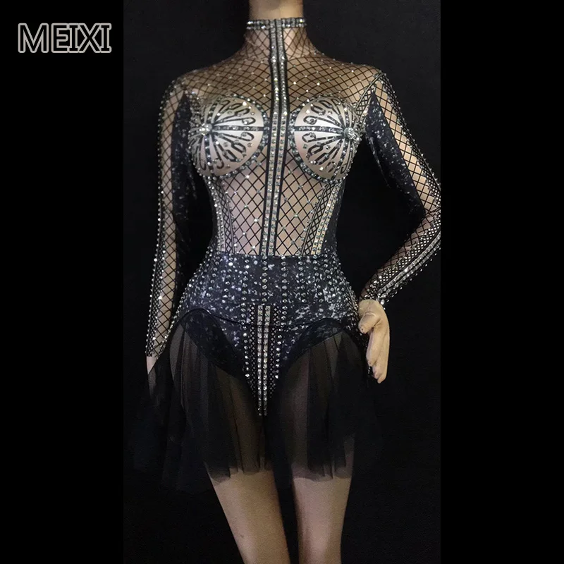 

Sparkly black sexy hollowed-out gauze dress rhinestone stretch dress bar nightclub concert singer dancer costume