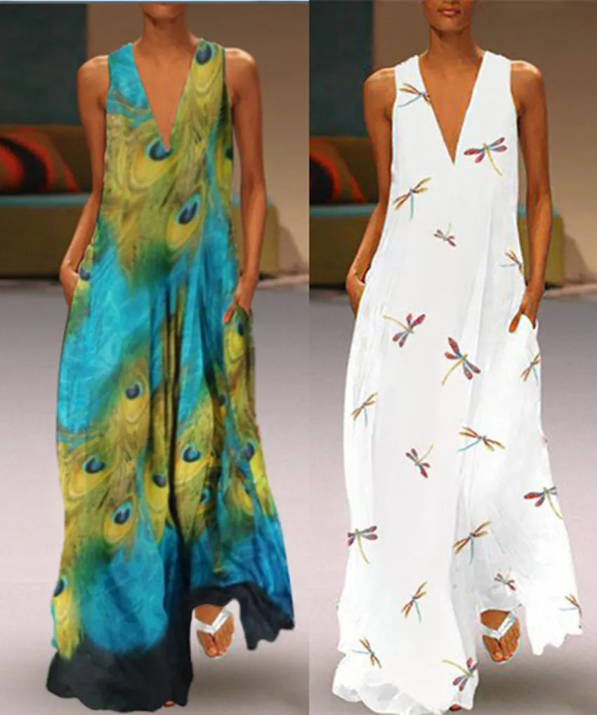 Женское винтажное длинное платье с принтом павлина повседневное пляжное без