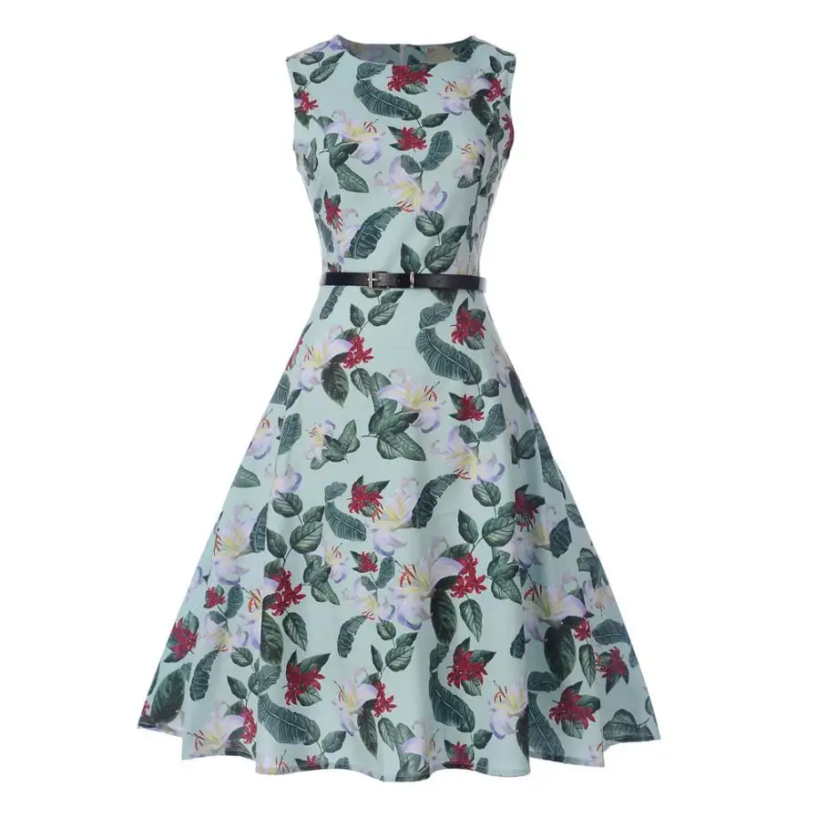 Женские винтажные вечерние платья без рукавов с круглым вырезом и принтом