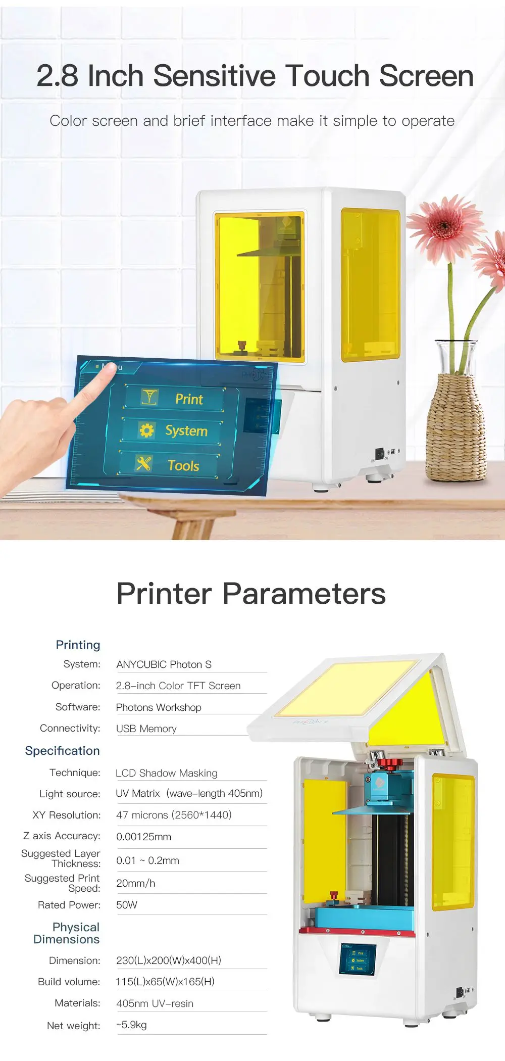 ANYCUBIC Photon-S lcd 3d принтер Быстрый ломтик 405nm матрица УФ свет двойная ось Z SLA 3d принтер фотоны Модернизированный УФ модуль
