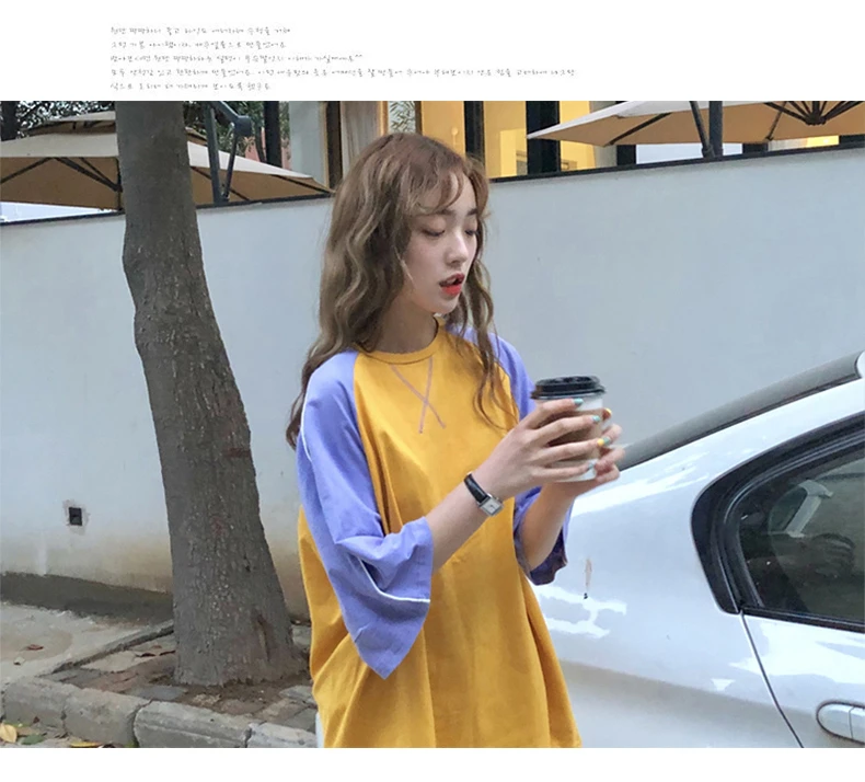 Корейская Повседневная футболка Harajuku летние женские футболки ulzzang фиолетовые белые лоскутные свободные футболки с коротким рукавом Уличная одежда