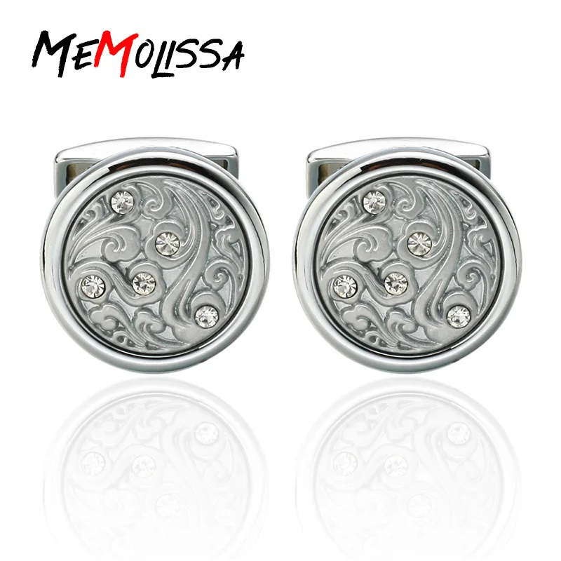 

Memolissa Laser Engraving Metal Relief Retro Pattern High-quality Round Crystal Shirt Cuff link Luxury Wedding Button Cufflinks
