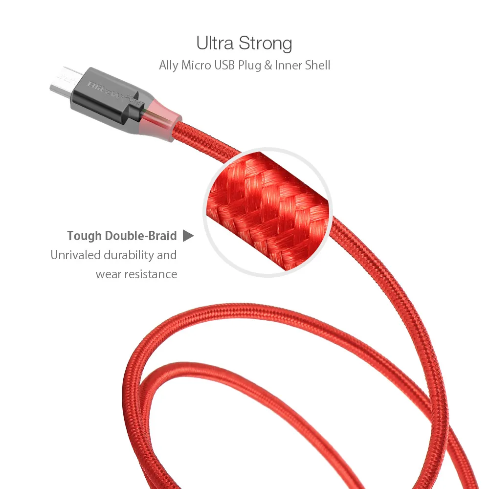 BlitzWolf 0,9 м 1,8 м Ampcore 2.4A Micro USB кабель для мобильного телефона Небьющийся кабель для быстрой зарядки для samsung/huawei/Xiaomi Redmi