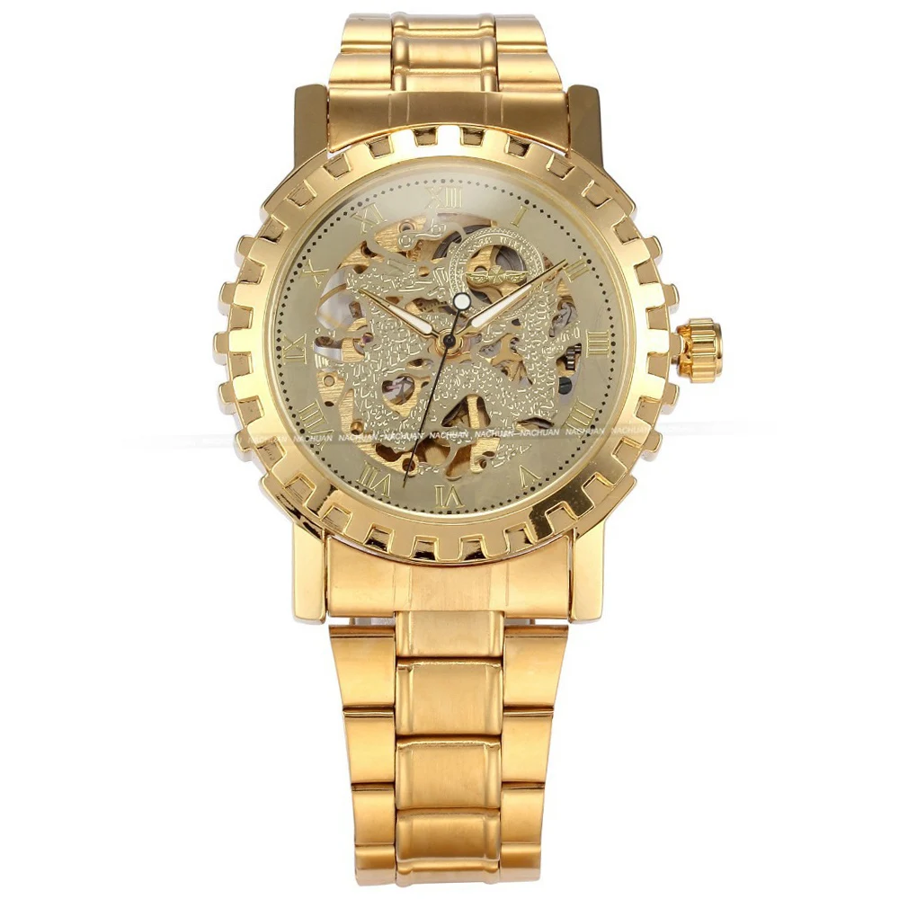 Часы наручные мужские механические со стальным ремешком золотистые 2016|watch stick|watch