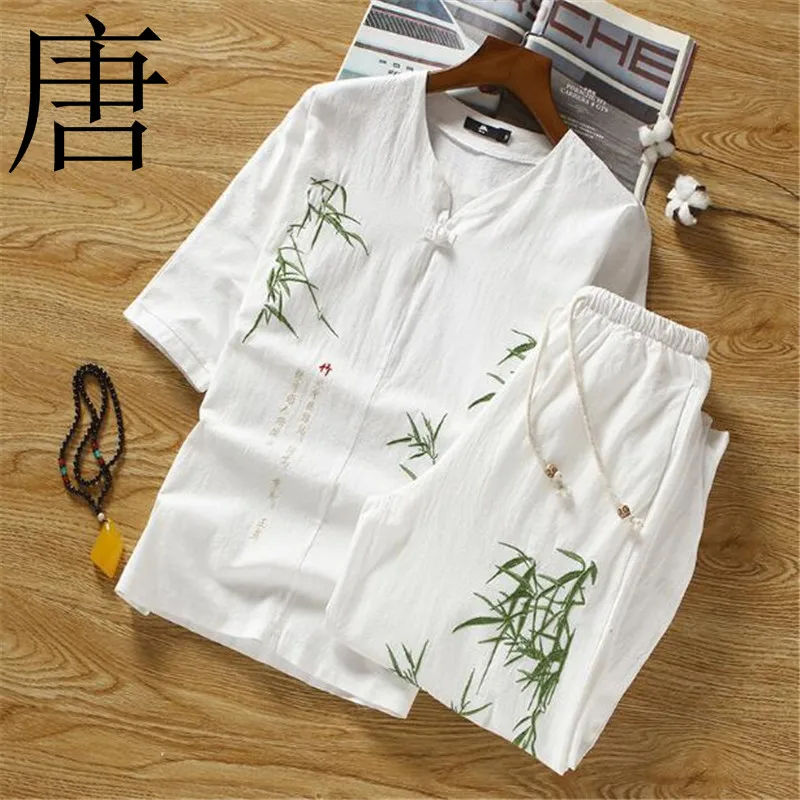 Мужской льняной спортивный костюм повседневный топ с бамбуковой вышивкой и