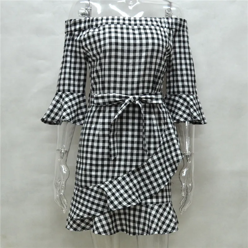 2017 высокое качество пикантные плед мини пляжное платье женские с плеча Новая