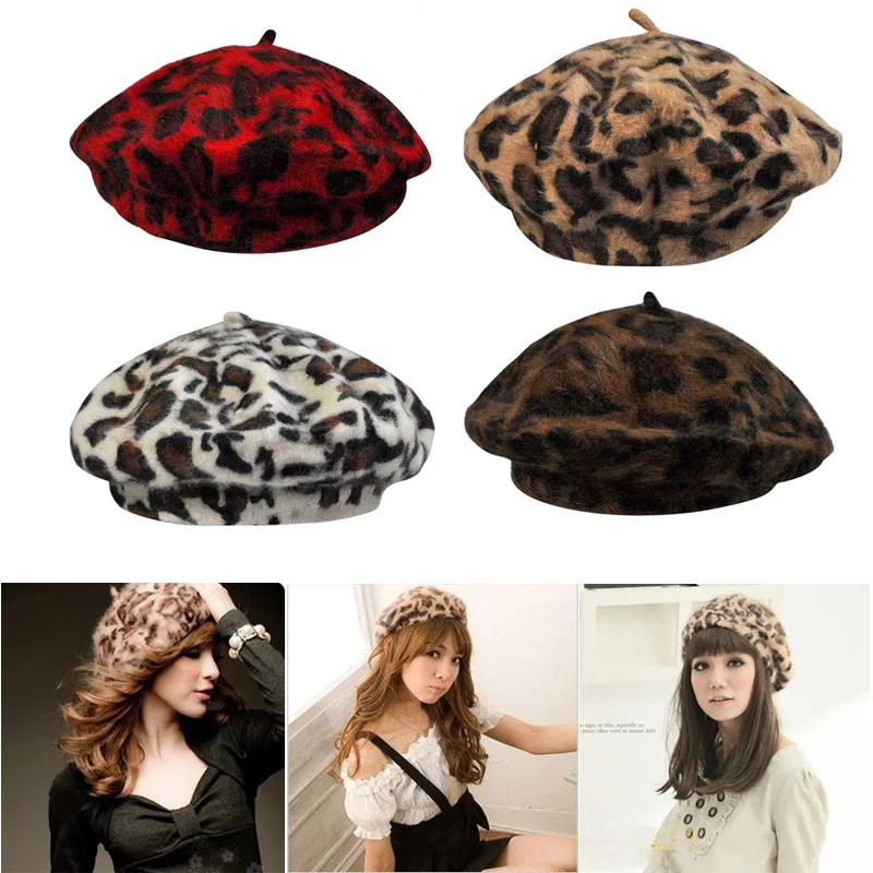 Women Winter Beret Hat Leopard Pattern Warm Bannie Cap for Outdoor FDC99
