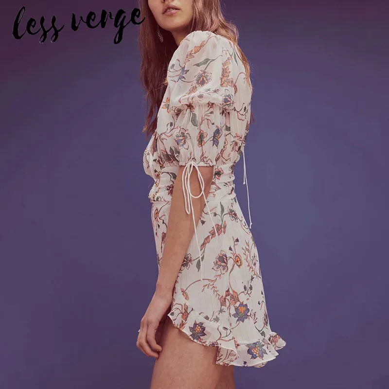 Lessverge V образным вырезом boho сексуальное шифоновое платье мини с пышными рукавами