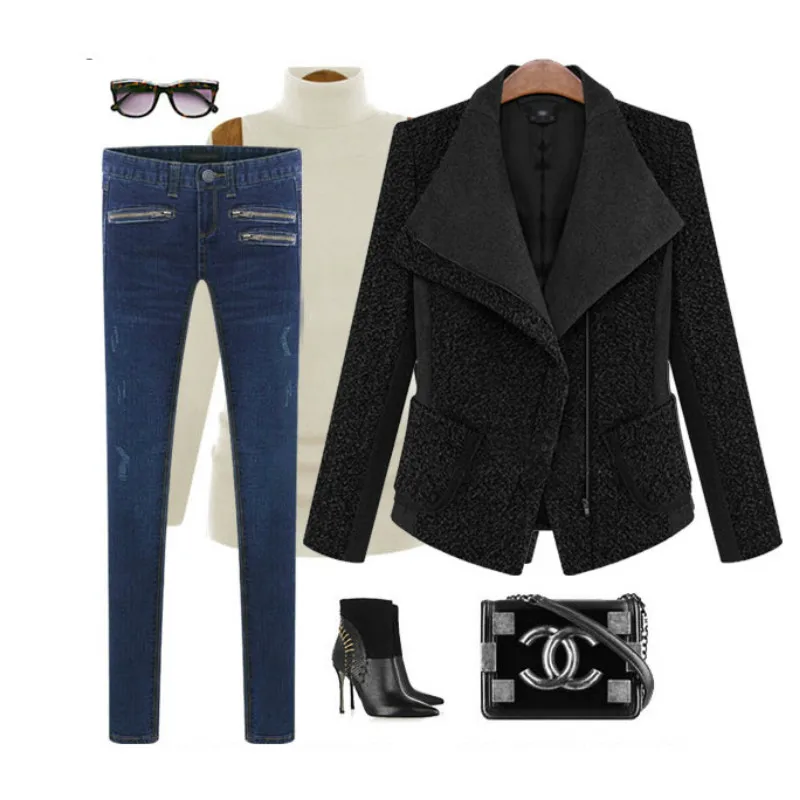 Шикарное большое с косым отворотом и молнией пальто шерстяной жакет кардиган