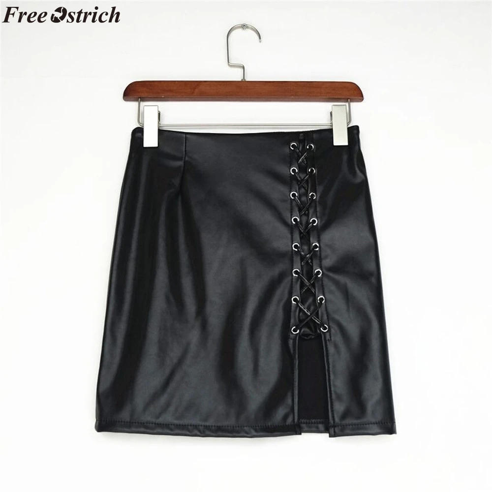 FREE OSTRICH Fashion Women's Sexy Solid Color Cross Strap High Waist Short Leather Skirt Skirt Faux Leather Mini Skirt