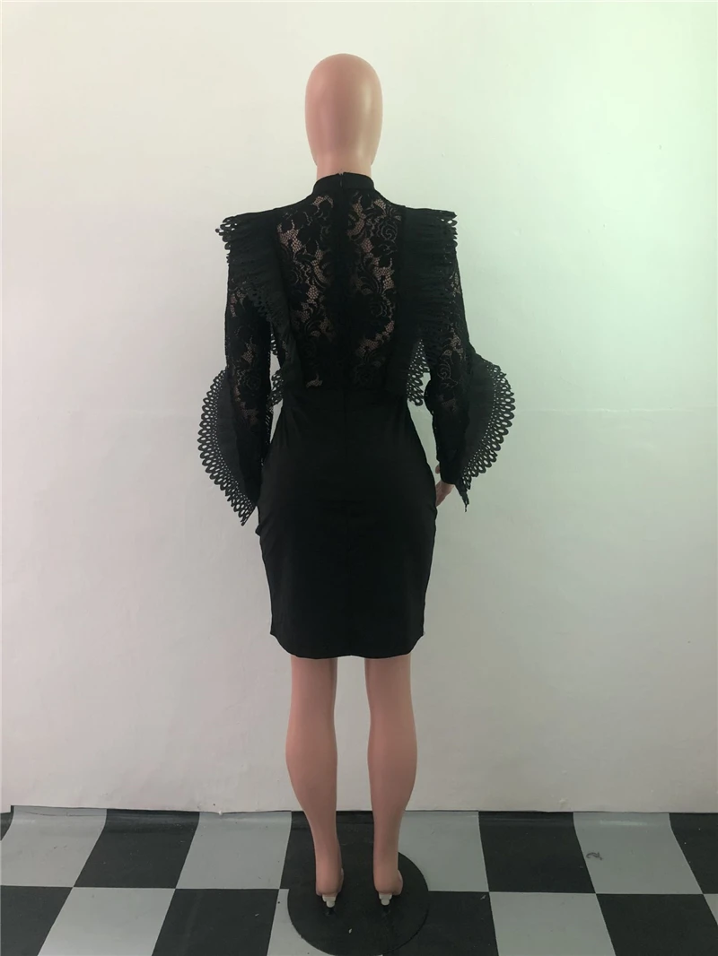 Прозрачное Кружевное облегающее платье Adogirl с оборками однотонное черное