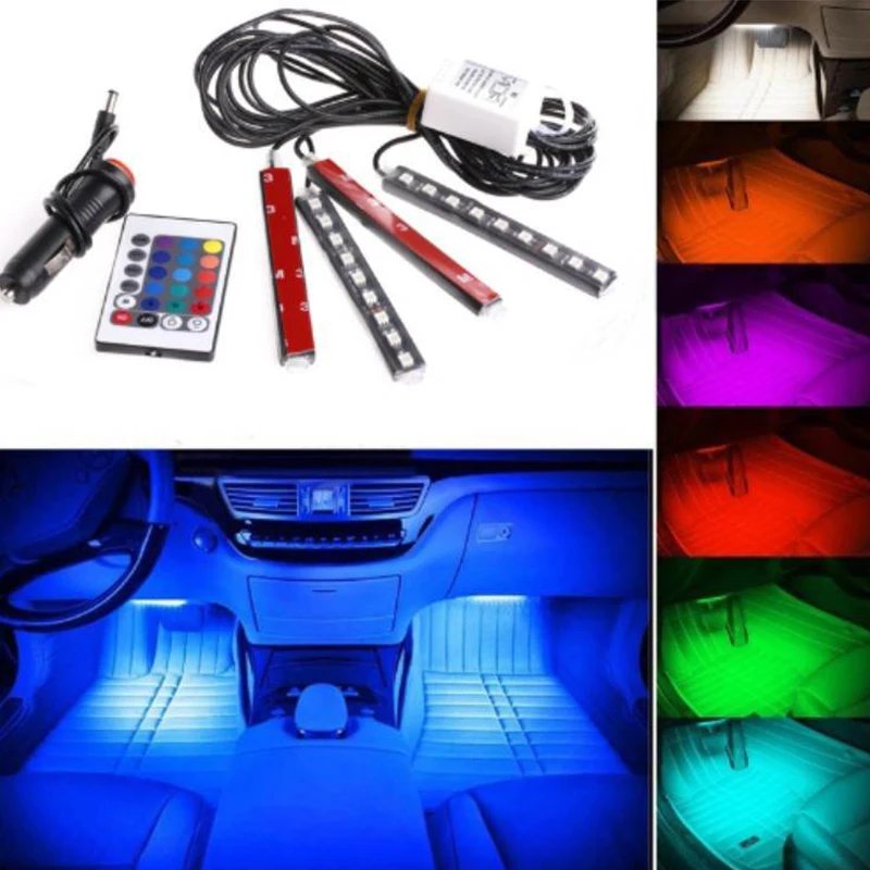 LISCN, 4 шт., автомобильный RGB светодиодный светильник, светодиодный светильник, s цвета, автомобильный Стайлинг, декоративная атмосферная лампа, автомобильный интерьерный светильник с пультом