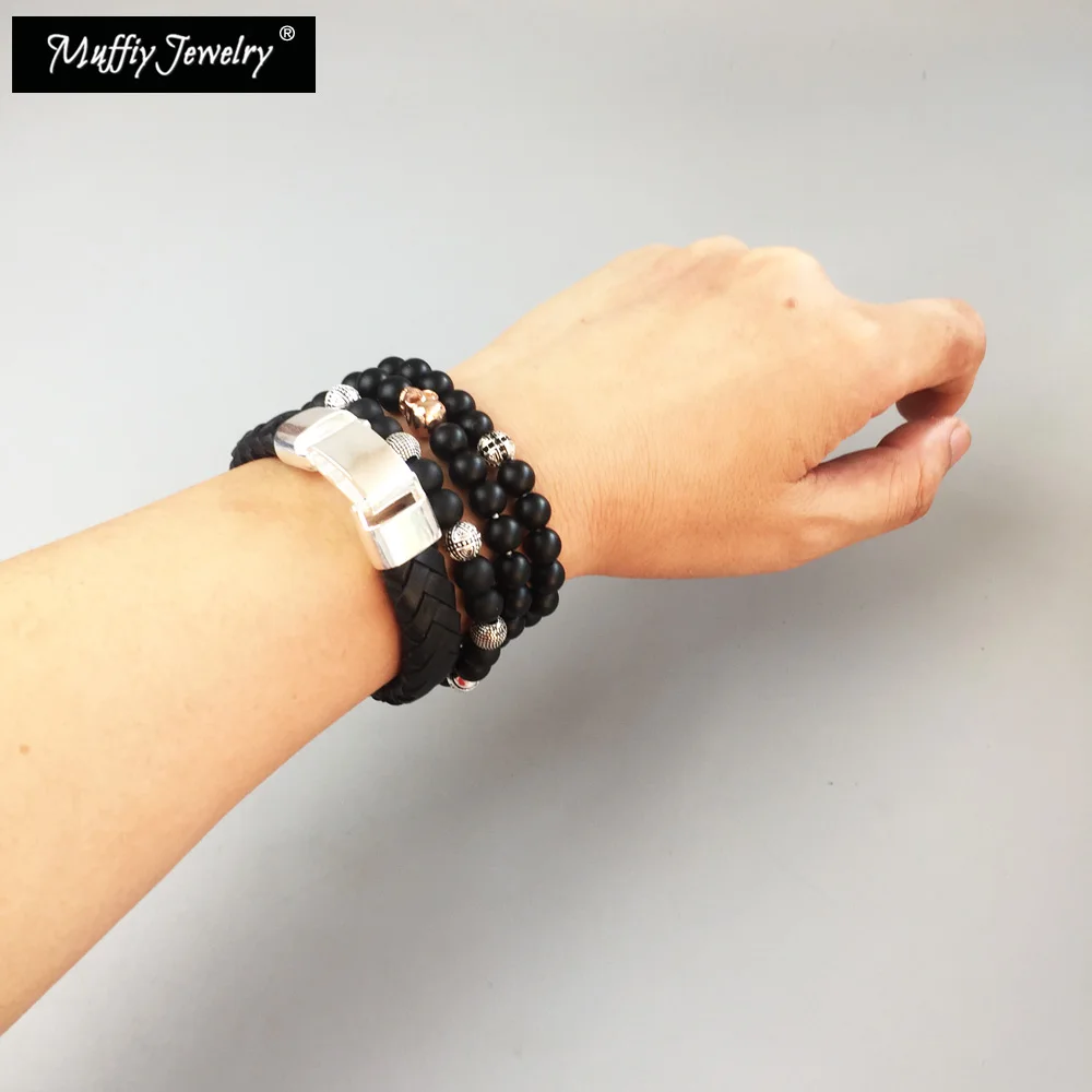 Черный плетеный кожаный браслет Блестящие модные ювелирные изделия для женщин в