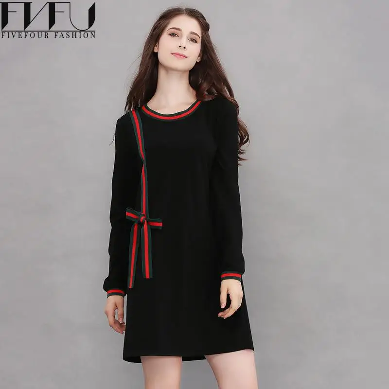 Мода 2017 Для женщин Демисезонный платье милый бант Платье черного цвета с длинным