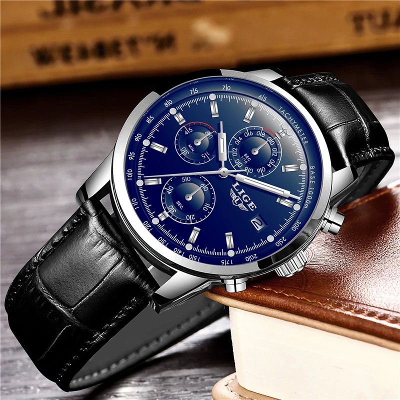 Часы LIGE мужские спортивные кварцевые модные кожаные водонепроницаемые деловые