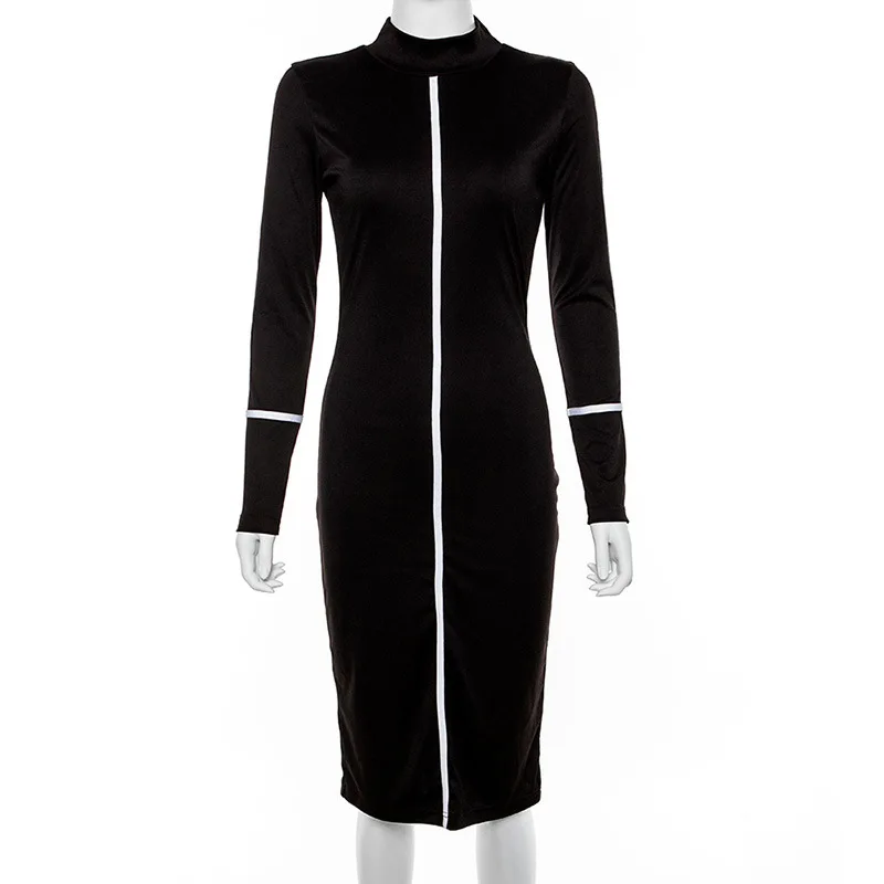 

2019 Elegant Mid Long Women Dress Vintage Black White Block Color Dress Slim Long Sleeve Women Pencil Dress