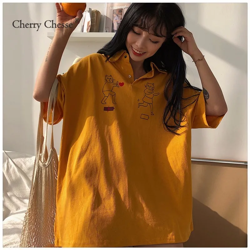 Cherry Chesse Harajuku мультфильм футболка короткий рукав отложной воротник Для женщин