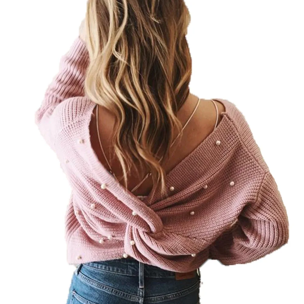 Back V Neck Pearl Beaded Detail Twist Sweater 2018 Fashion Long Sleeve Plain Pullovers Sweaters Women Casual Knitting Jumper | Женская