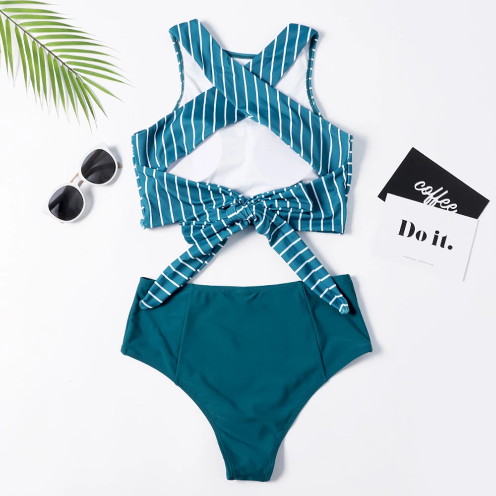 Floylyn бикини с высоким горлом женский купальник высокой талией бандаж в полоску