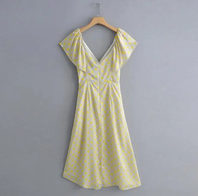 Женское летнее желтое длинное платье в горошек с v-образным вырезом