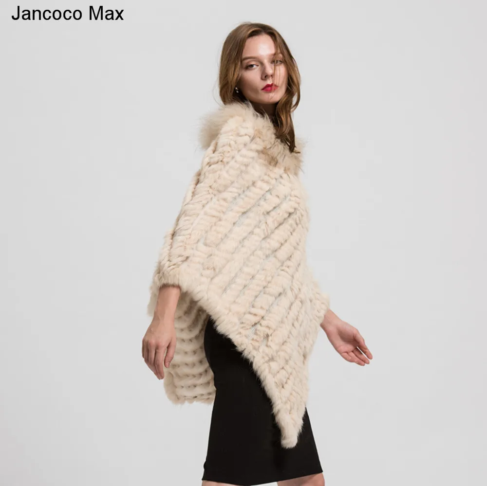 Jancoco Max Новое поступление Настоящее кроличье меховое Вязаное пончо воротник из меха енота шали женские зимние накидки пуловер S7110
