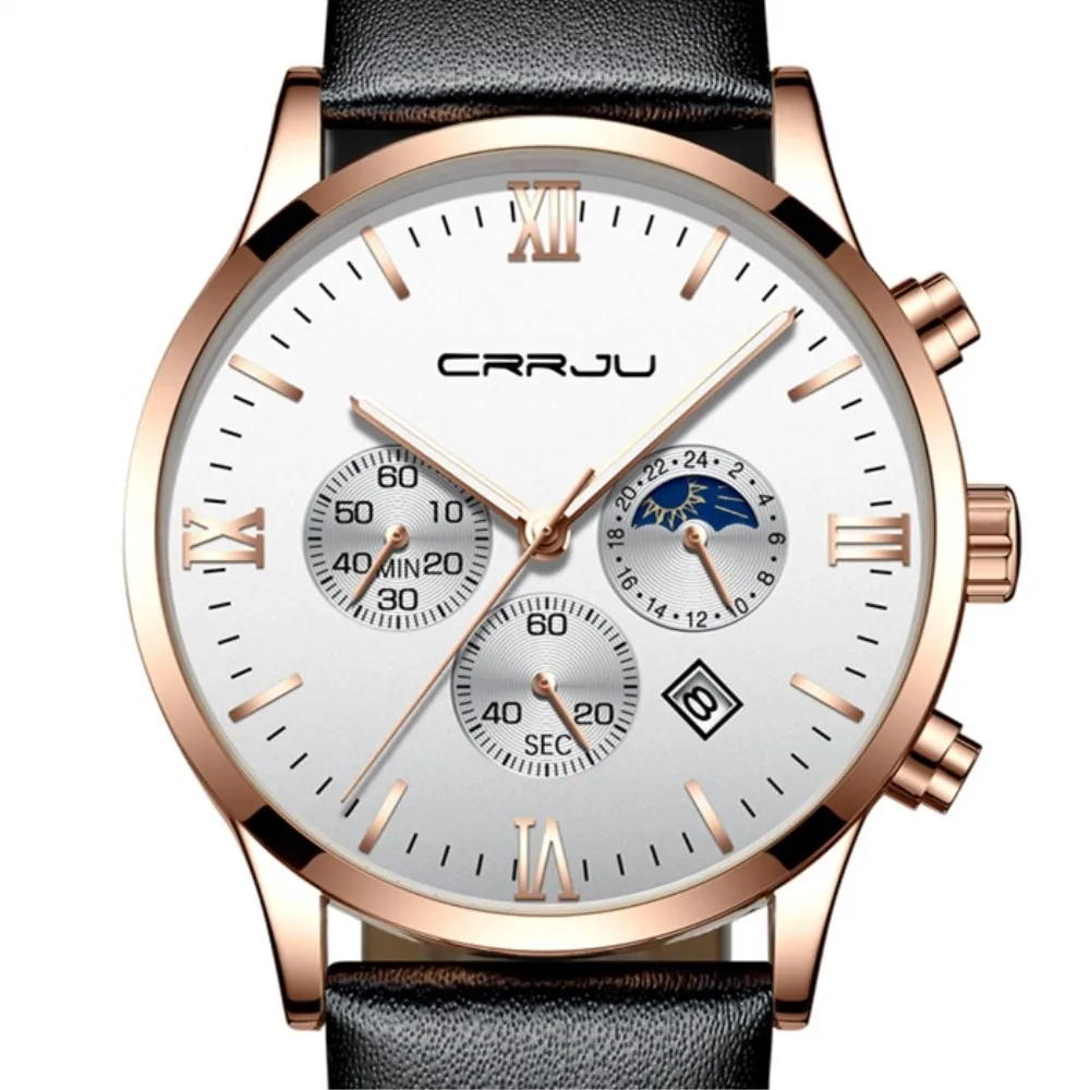 

CRRJU Fashion Men's Watches Analog Quartz 30M Waterproof Chronograph 24 Hour Date Sport Watch Men Leather Clock Reloj Hombre