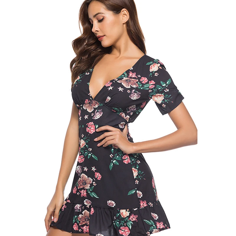 Летние платья v образным вырезом с принтом роз посылка бедра платье Модные
