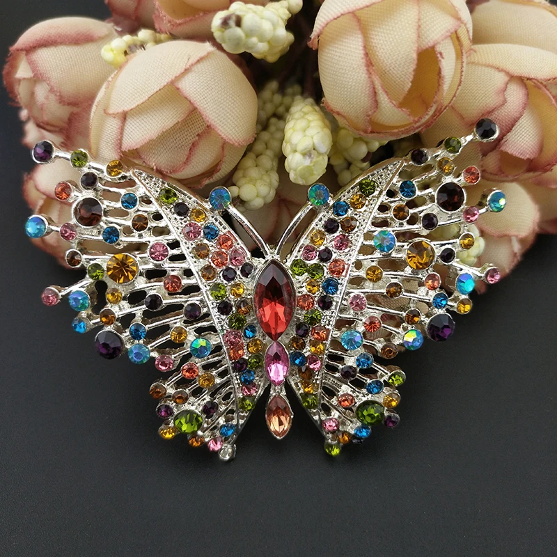 100 шт./60 мм красочная брошь бабочка булавка серебряного цвета Стразы кристаллы и