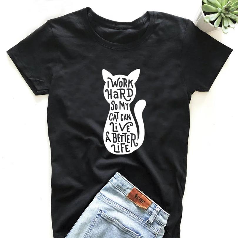 Funny Saying T Shirts Women Black White Tshirt Summer Tops Graphic Tees Shirt Cute Cat Harajuku Print Lovers | Женская одежда