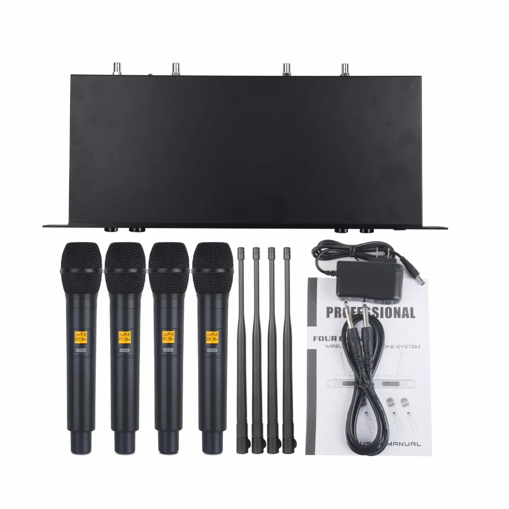 XTUGA A-400 Metal Material 4-Channel UHF Wireless Microphone System with 4 Hand-held for Stage Church Family Party Small Karaoke