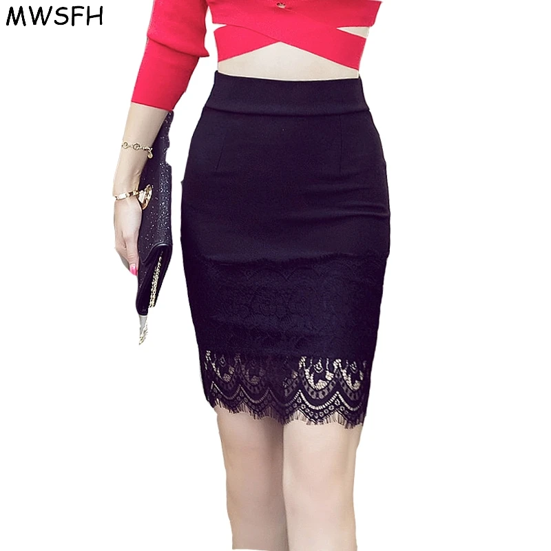 MWSFH пикантная женская одежда S XL размера плюс черная юбка карандаш кружевная