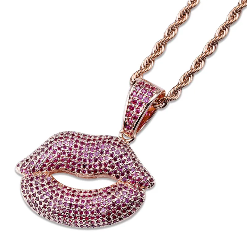 

OMYFUN Factory Price Women Red Lip Charm Hip Hop Pendant Necklace 3A Red CZ Iced Pave Joyeria Bijoux Party Jewelry Dropshipping