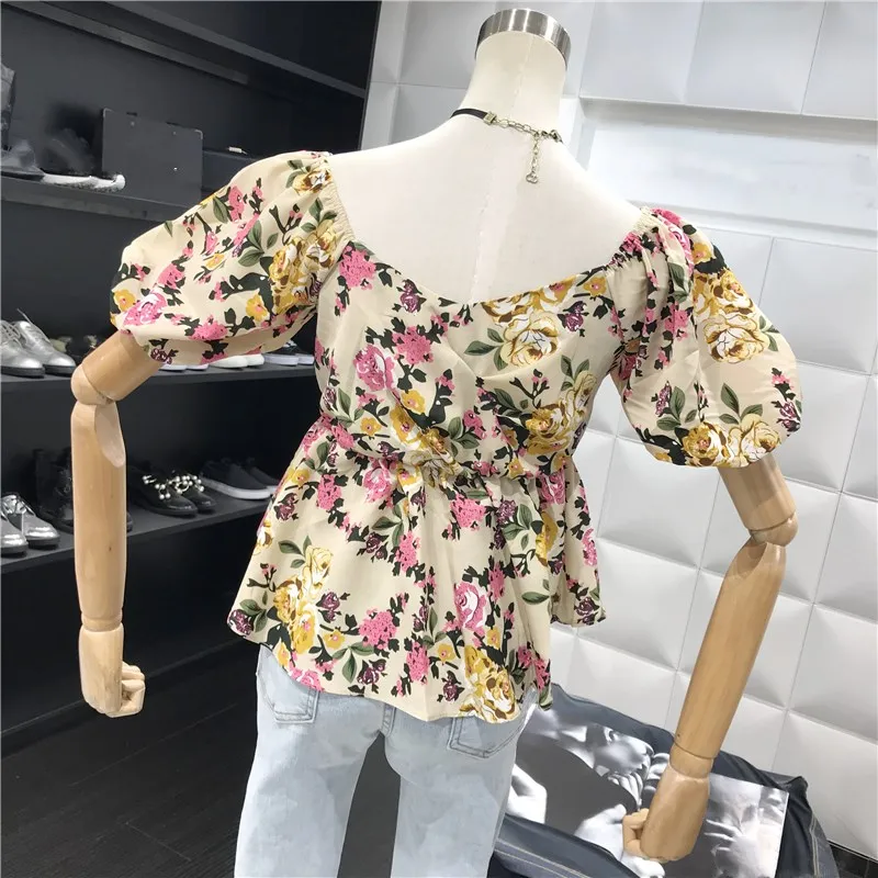 2019 Summer Fashion Streetwear Vintage Style Square Collar Florals Printed Blouse Women Blusas Girls Shirt Tops |