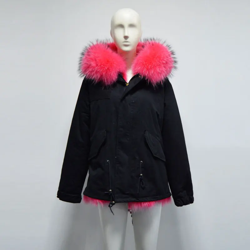 Длинная женская парка из кораллового лисьего меха с большим капюшоном енота