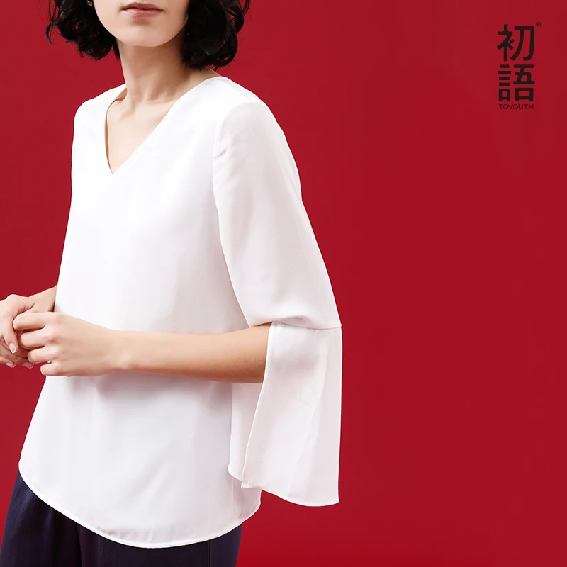 Toyouth Women Tops And Blouses Lace Up Chiffon Shirts Female Three Quarter Split Sleeve V neck White Blouse Elegant Clothing |