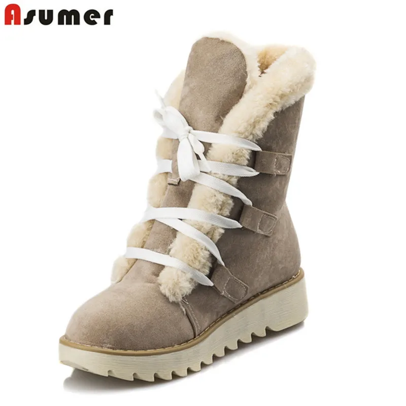 Женские теплые ботинки на меху ASUMER платформе с круглым носком шнуровке х/б