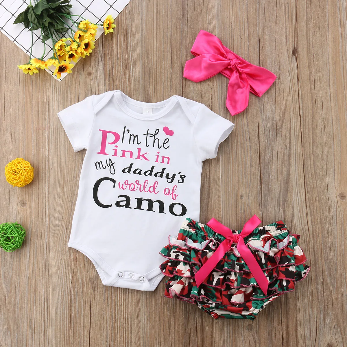 Cute Camouflage 3pcs Kid Baby Girls Clothing Set White Rompers Bodysuit + Camo Ruffles Skirts +Headband Outifts | Детская одежда и