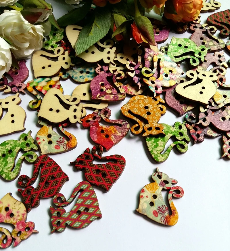 

40 шт./лот Случайные Смешанные декоративные пуговицы Lovely Cat 2 отверстия швейные деревянные пуговицы Flatblck Скрапбукинг