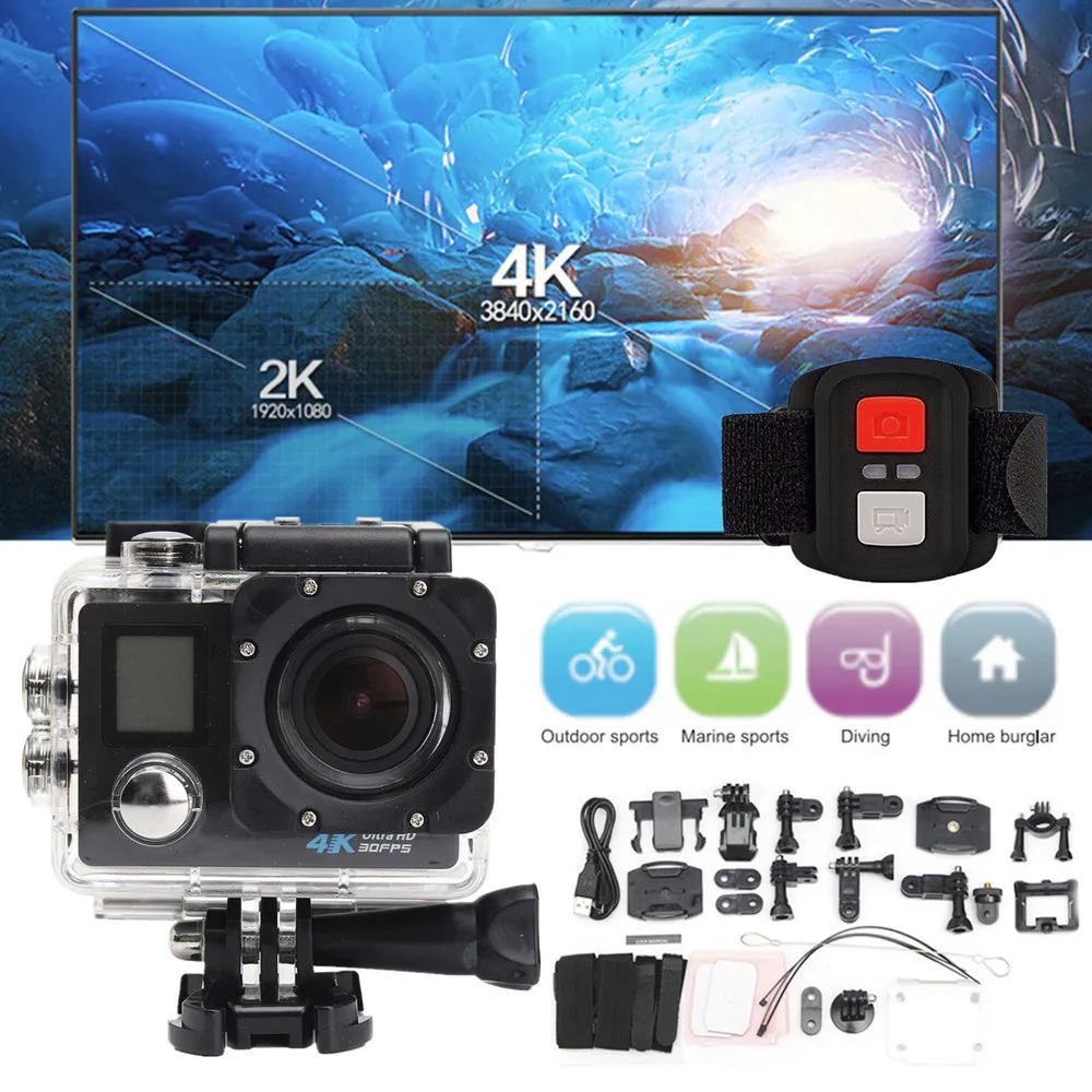 Водонепроницаемая Экшн камера 4K с двойным экраном Wi Fi HD 1080P DVR видеокамера одним