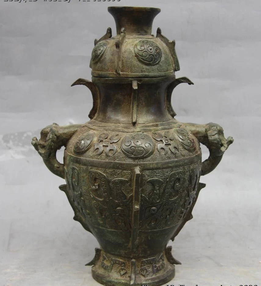 

12" Chinese Folk Bronze Copper Foo Dog Beast Two Sheep Head Lug Vase Pot Jar Jug