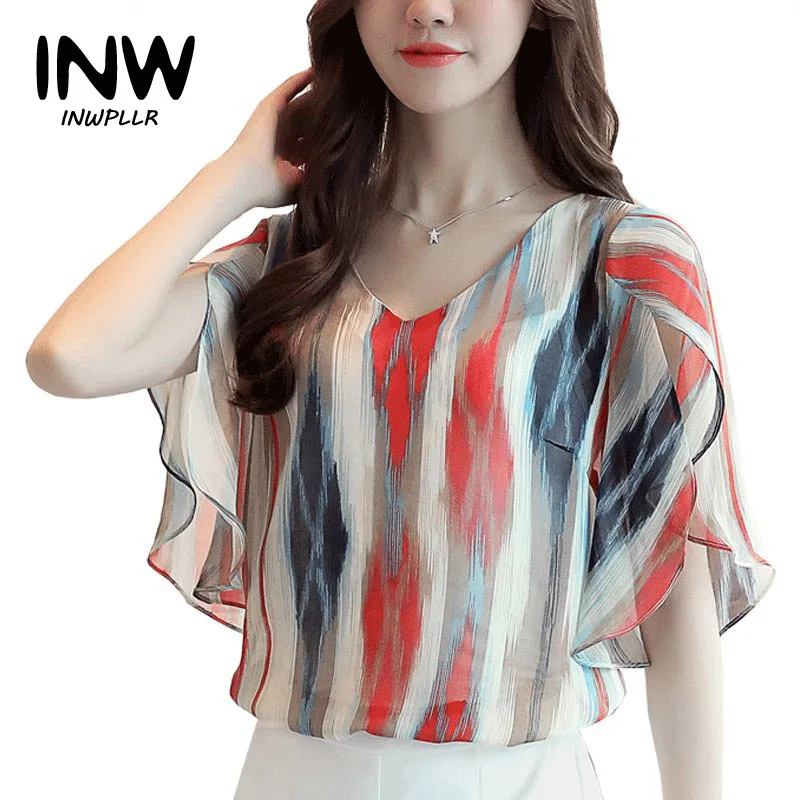 Женские шифоновые летние блузы в цветную полоску топы с принтом элегантные
