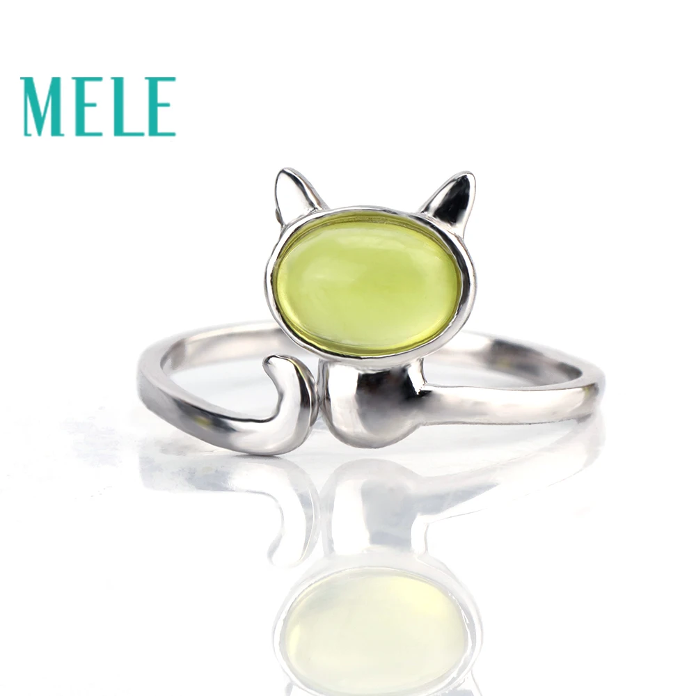 

MELE Natural 5X7mm Oval cut prehnite rings for women,925 sterling silver fine jewelry with cute cat shape simple and fashion
